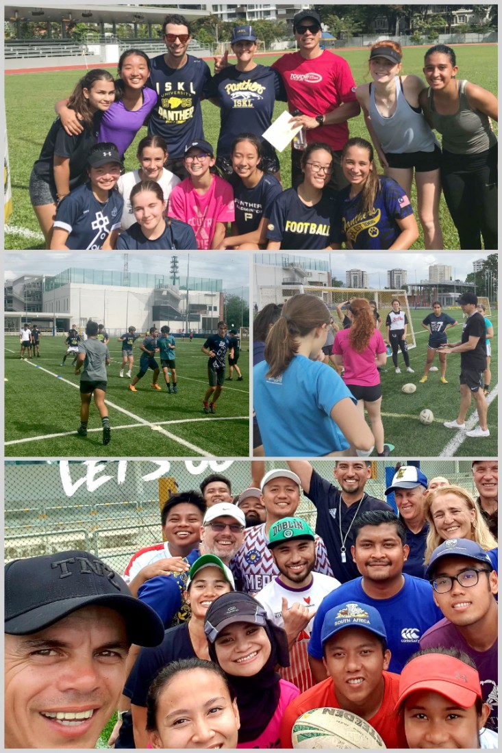 ISKL touch rugby athletes playing with rugby legends